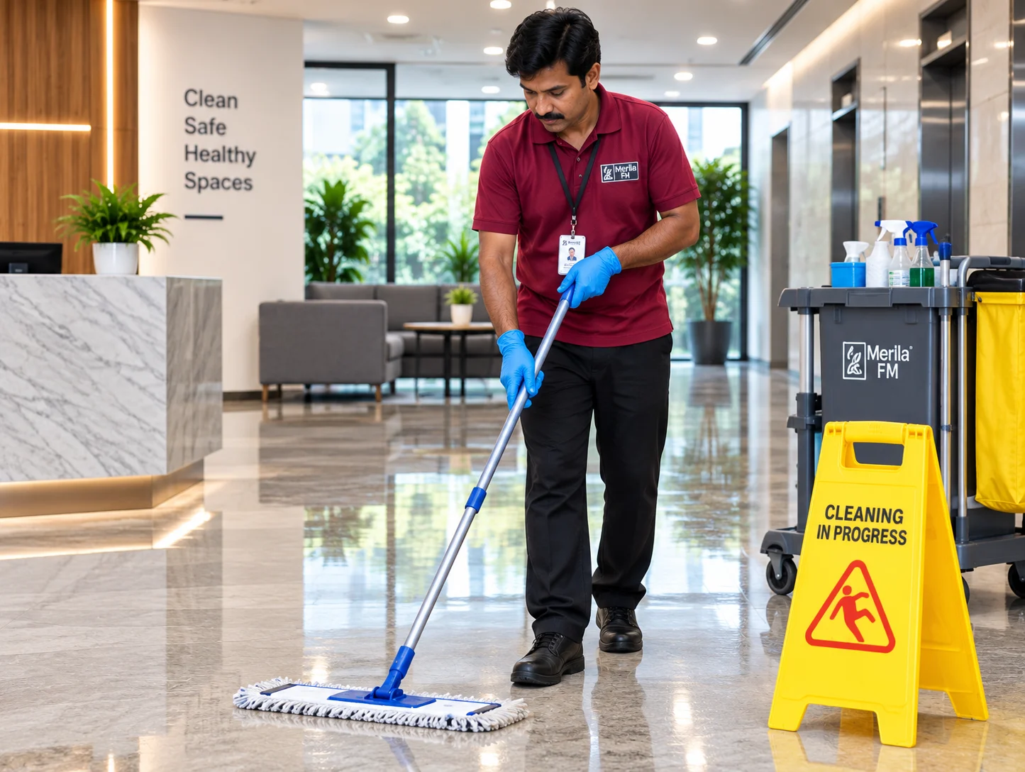 Merlla staff cleaning a corporate lobby entrance in Bengaluru