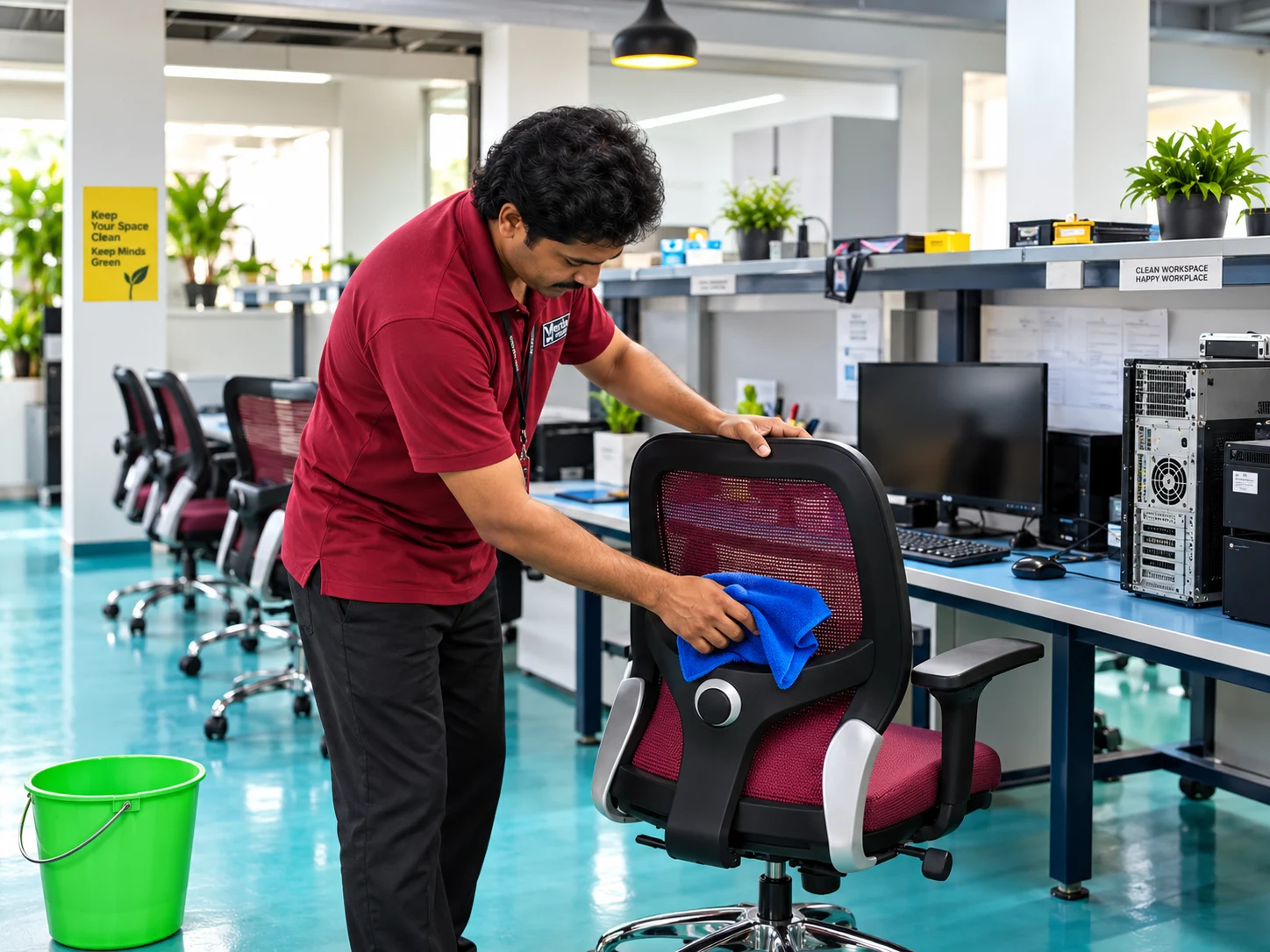 Merlla housekeeping staff cleaning an office workstation