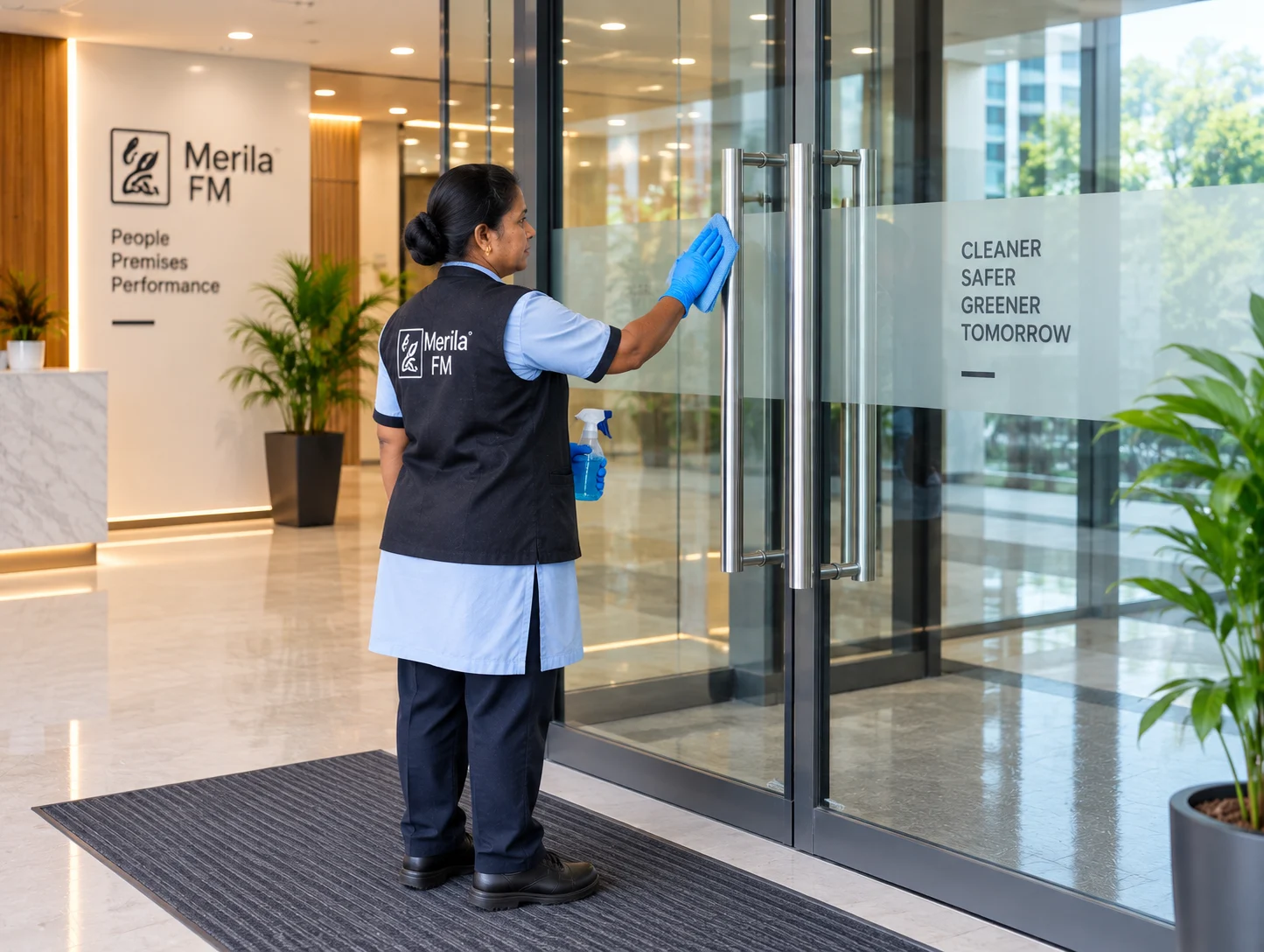Mechanized cleaning at a glass building entrance in Bengaluru